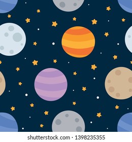 Space Seamless Pattern with Planets and Stars. Doodle Cartoon Cute Planet Smiling Face. Vector Background