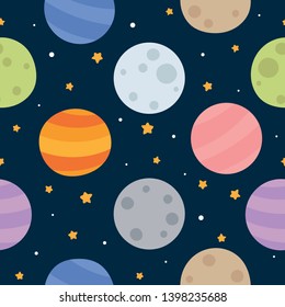 Space Seamless Pattern with Planets and Stars. Doodle Cartoon Cute Planet Smiling Face. Vector Background