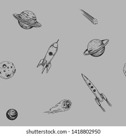 Space seamless pattern with planets, stars, rockets. Hand drawn sketch converted to vector.