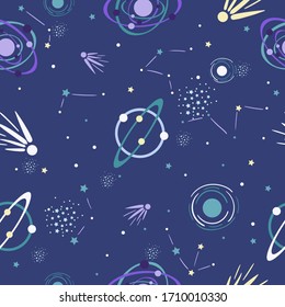 Space seamless pattern with planets, stars, galaxy, constellation, comet. Cosmos background for textile, fabric, nursery. Vector illsutration.