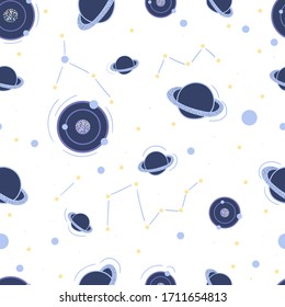 Space seamless pattern with planets, stars, galaxy on white background. Vector cosmos background for print, wallpaper, textile.