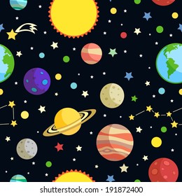 Space seamless pattern with planets stars comets and constellations on dark background vector illustration