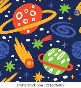 Space seamless pattern with planets and stars on a blue background. Vector illustration for printing on textiles, wrapping paper, wallpaper for decorating children's rooms