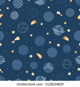 Weltraumnahtloses Muster mit Planeten, Sternen und Kometen auf dunkelblauem Hintergrund. Flaches Cartoon-Illustration.