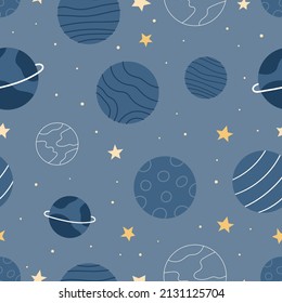 Space seamless pattern with planets and stars. Cosmic vector illustration.