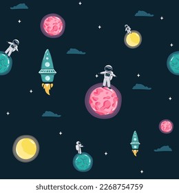 Space Seamless Pattern with Planets and Stars. Doodle Cartoon Cute Saturn Planet. Space Vector Background for Kids,