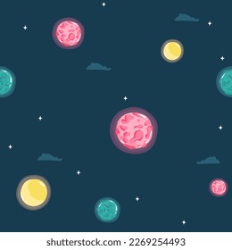 Space Seamless Pattern with Planets and Stars. Doodle Cartoon Cute Saturn Planet. Space Vector Background for Kids