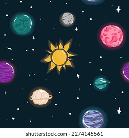 Weltraum Nahtlose Muster mit Planeten und Sternen. Doodle Cartoon Cute Saturn Planet. Weltraum-Vektorhintergrund für Kinder