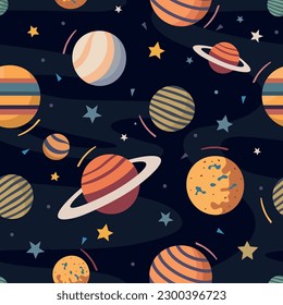 Space seamless pattern with planets and stars. Bright repeated texture with cosmic elements. Cute childish design for kids fabric and wrapping paper. Vector Illustration.