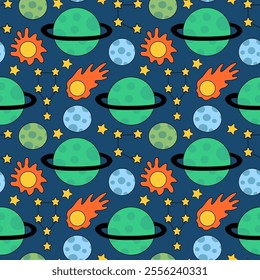 Space Seamless Pattern with Planets and Stars, Constellation, Comet. Vector Background for Kids Design.