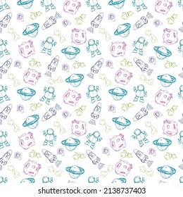 Space seamless pattern print design for kids with ccosmic galaxy texture and doodl rockets, tars, planets, spaceships. 