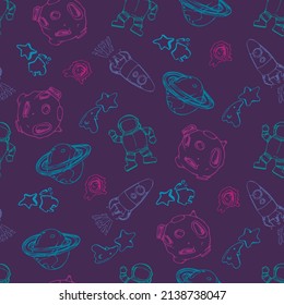 Space seamless pattern print design for kids with cosmic elements, rockets, tars, planets, spaceships. design for fashion fabrics, textile graphics, prints. Hand drawn solar system.