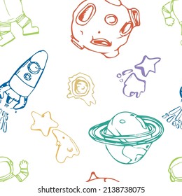 Space seamless pattern print design for kids with cosmic elements, rockets, tars, planets, spaceships. design for fashion fabrics, textile graphics, prints. Hand drawn solar system.