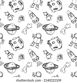 Space seamless pattern print design for kids with cosmic elements, rockets, tars, planets, spaceships. design for fashion fabrics, textile graphics, prints. Hand drawn solar system.