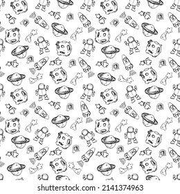 Space seamless pattern print design for kids with ccosmic galaxy texture and doodl rockets, tars, planets, spaceships. 