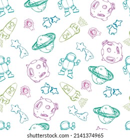 Space seamless pattern print design for kids with cosmic elements, rockets, tars, planets, spaceships. design for fashion fabrics, textile graphics, prints. Hand drawn solar system.