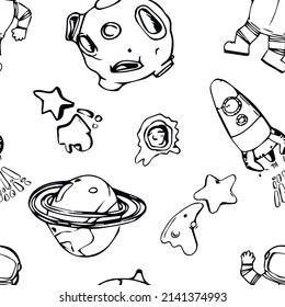 Space seamless pattern print design for kids with cosmic elements, rockets, tars, planets, spaceships. design for fashion fabrics, textile graphics, prints. Hand drawn solar system.