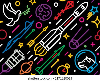 Space seamless pattern. Rocket, planet, dog, stars, fighter, dove of the world, arrow and space satellites.