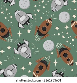 Space seamless pattern with rocket, star and planet. Cartoon childish background. Space seamless pattern. Cute spaceships on a green background. Space ship pattern for kids fabric, textile, wallpaper.