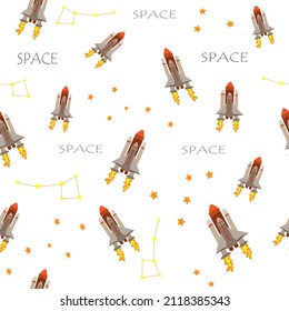 space seamless pattern with rocket, stars and constellations and slogan SPACE highlighted on white background. Background of the starry sky with cosmic elements. Children's Vector, hand-drawn