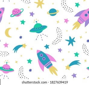 Space seamless pattern with rockets,spaceship,moon,planets and stars.Galaxy print for nursery,textile,poster or wrapping paper.Vector