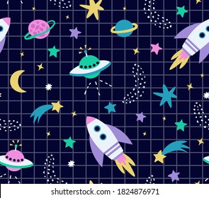 Space seamless pattern with rockets,spaceship,moon,planets and stars.Print for nursery,textile,poster or wrapping paper.Vector