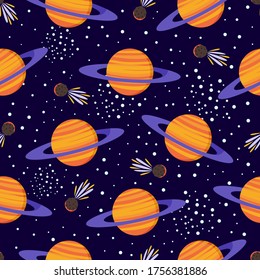 Space seamless pattern with saturn planet, stars, asteroid or comet. Cartoon cosmos background. Cosmic design. Vector illustration for textile, wrapping, fabric, nursery.