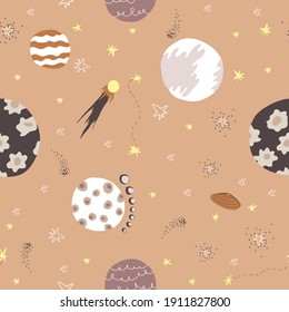 Patrón ininterrumpido del espacio al estilo escandinavo. Espacio dibujado a mano, estrellas, planetas, cometas. Ilustración vectorial en fondo rosado.