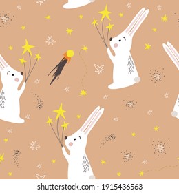 Space seamless pattern in scandinavian style. Rabbit with stars in cosmos. Hand drawn space, stars, planets, comets. Cute vector illustration on pink background.