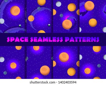 Space seamless pattern set. Background with planets and stars, nebula. Vector illustration