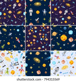 space seamless pattern set background, alien spaceman, robot rocket and satellite cubes solar system planets pixel art, digital vintage game style. Mercury, Venus, Earth, Mars, Jupiter, Saturn.