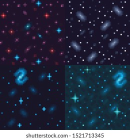 Space seamless pattern set, stars,  texture tile abstract background. Night starry sky. Game design. Isolated vector 8-bit illustration.