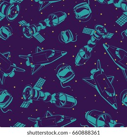 Space seamless pattern with shuttle, backgorund with international space station and stars. Vector illustration