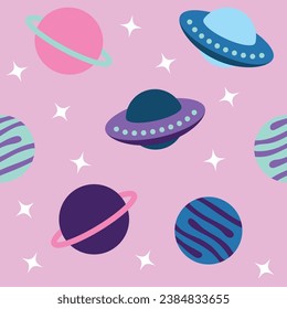 Space Seamless Pattern. Simple flat pattern with different Spacecraft, rockets,ufo, planets and doodles. Vector Illustration