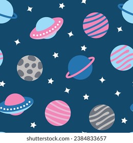 Space Seamless Pattern. Simple flat pattern with different Spacecraft, rockets,ufo, planets and doodles. Vector Illustration