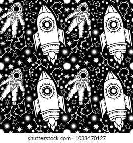 Space seamless pattern. Spaceman, rocket, stars, comet, constellation. Background texture. Wallpaper