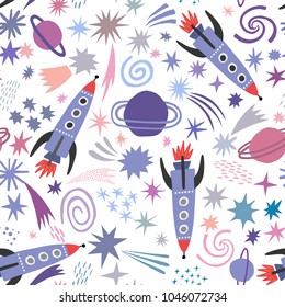 Space seamless pattern with spaceship and stars