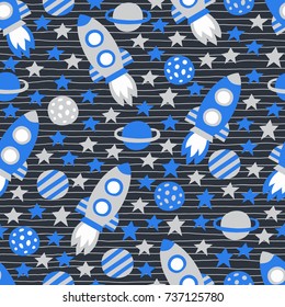 Space seamless pattern with spaceship and stars. Wrapping. Surface decoration.