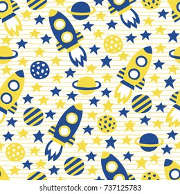 Space seamless pattern with spaceship and stars. Wrapping. Surface decoration.