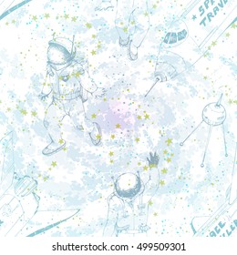 Space Seamless pattern with spaceship "Space Traveler", astronauts, satellites... Childish Hand drawn vector illustration, black and white sketches, endless repeatable sky background.