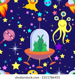 Space seamless pattern with spaceships, aliens,
 stars. Space background in cartoon style. Space vector for wallpaper, textile, packaging. World UFO Day