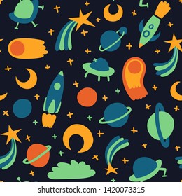 Space seamless pattern with spaceships, planets, comets, shooting stars and sparkles. Vector abstract childish repeatable background.