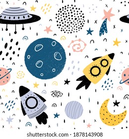 Space seamless pattern with spaceships, planets, moon, stars, stardust, galaxies and abstract elements. Hand drawn Scandinavian style vector illustration isolated on white background.