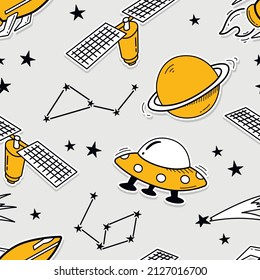 Space seamless pattern. Spaceships, planets, stars, constellations and shuttles. Fashion pattern.