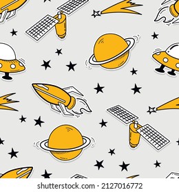 Space seamless pattern. Spaceships, planets, stars, constellations and shuttles. Fashion pattern.