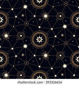 Space seamless pattern with stars and constellations. Useful for wrapping, web backgrounds and fabric design.