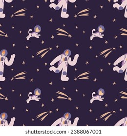 Space seamless pattern. Stars and female astronaut and dog