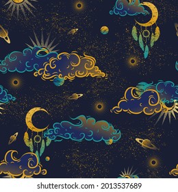 Patrón sin costuras, estrellas, planetas, nubes y rastros. Ilustración retro.
