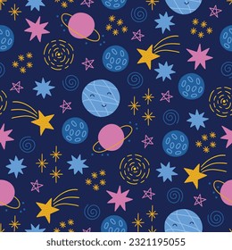 Space seamless pattern with stars and planets on dark background. Perfect for wallpaper, gift paper, greeting cards. Vector illustration
