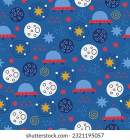 Space seamless pattern with stars, planets, ufo on blue background. Perfect for wallpaper, gift paper, greeting cards. Vector illustration
